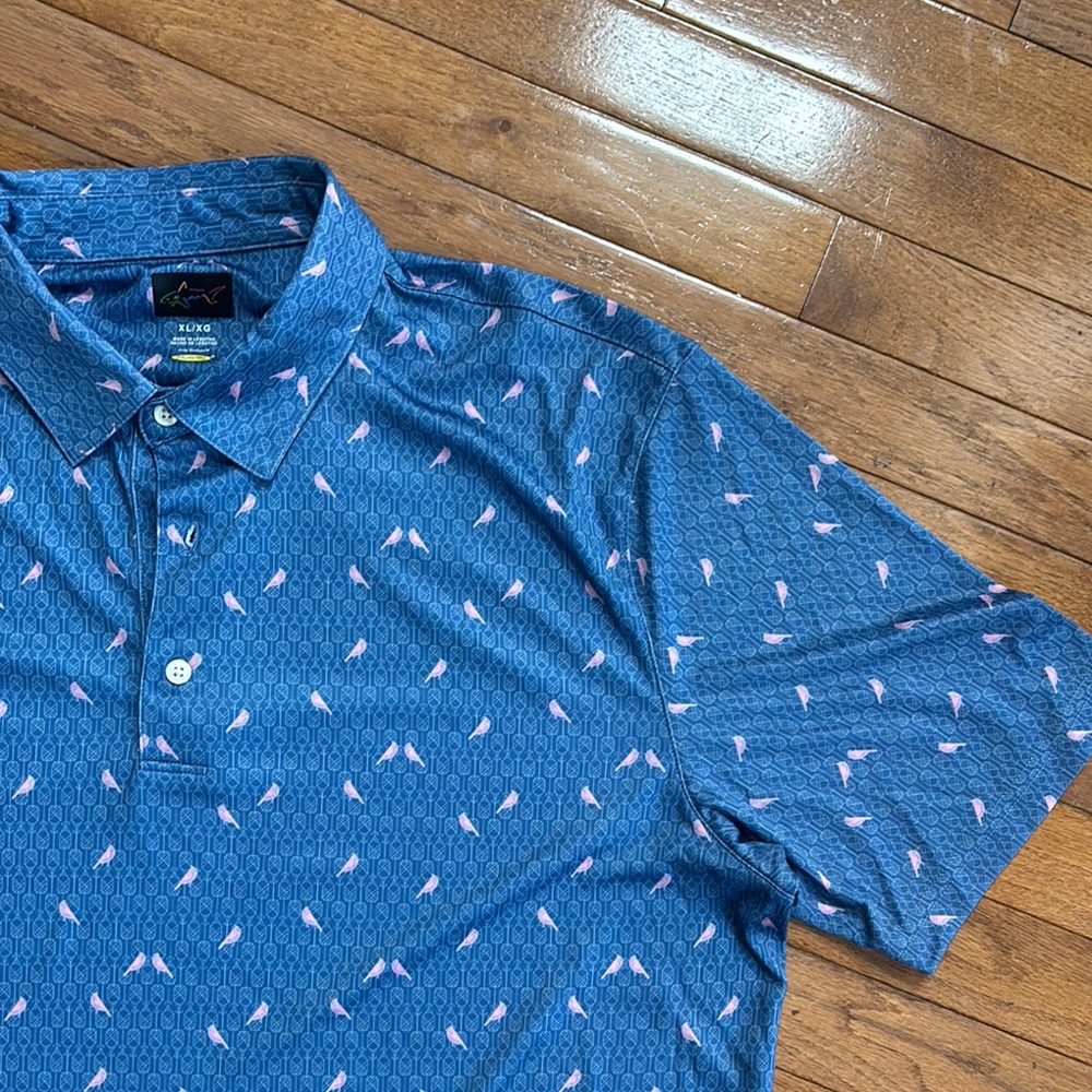 Greg Norman Collection Blue and Pink Polo Shirt with Geometric Pattern